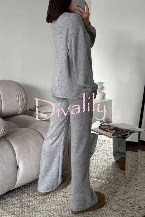 Solid Color Casual Knitted High Neck Long Sleeve Top and Elastic Waist Loose Pants Set