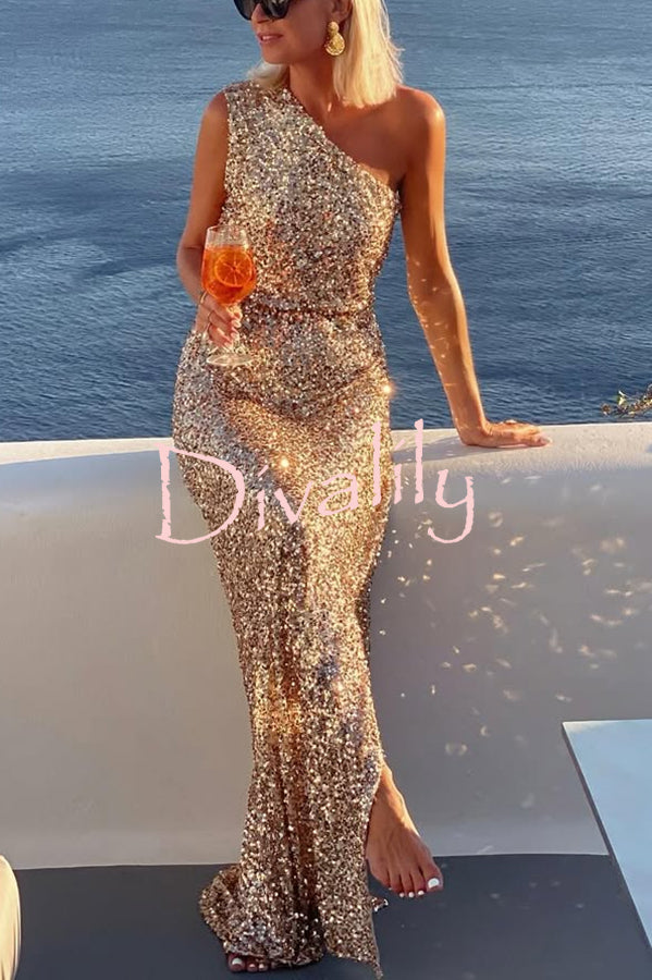 Santorini Night Sequin Fabric One Shoulder Slit Maxi Dress