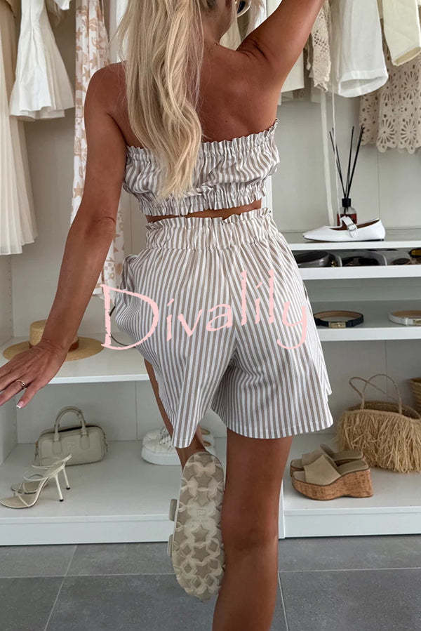 Zoie Striped Stretch Bandeau + Elastic Waist Pocket Shorts + Oversized Blouse 3 Pieces Set