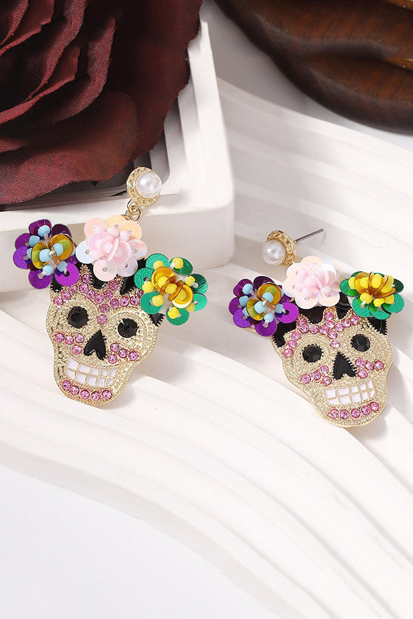 Fashion Flower Skull Diamond Earrings