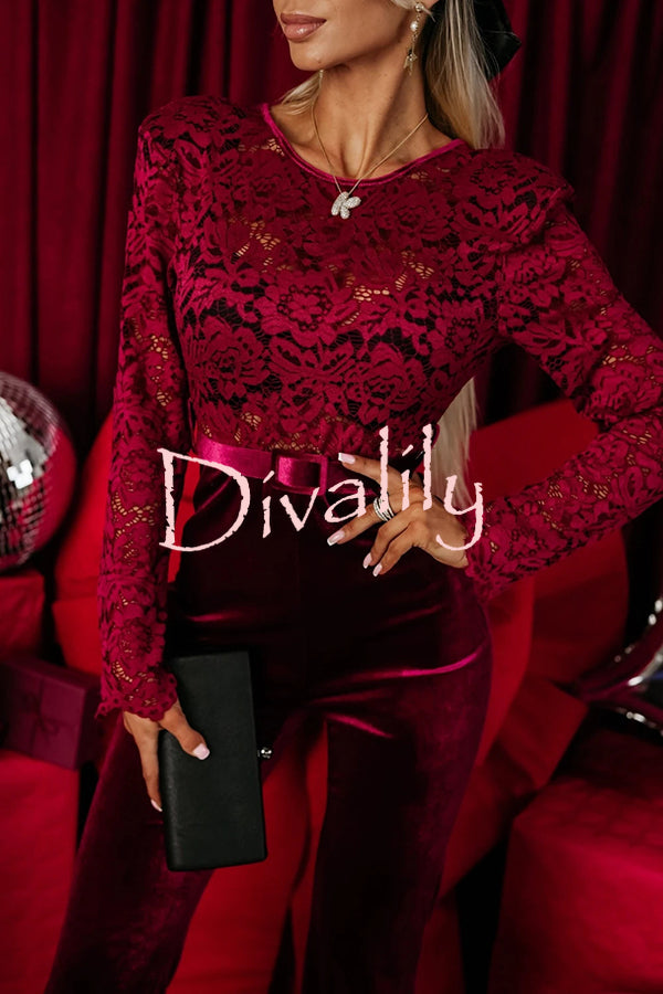 Sonya Lace Velvet Patchwork Long Sleeve Belted Flare Stretch Jumpsuit