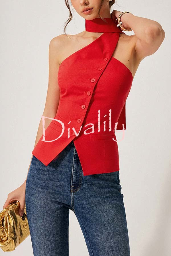 Rima Linen Blend Asymmetric Halter Neck Button Smocked Vest