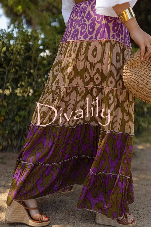 Resort Style Unique Print Elastic Waist Loose Stitching Maxi Skirt