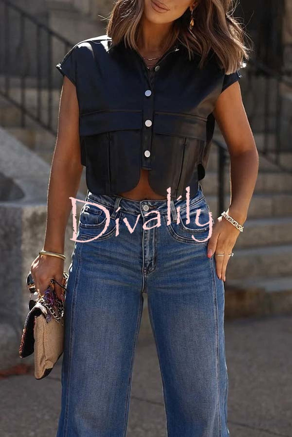 Stylish Weekend Faux Leather Button Up Cape Sleeve Pocket Crop Top