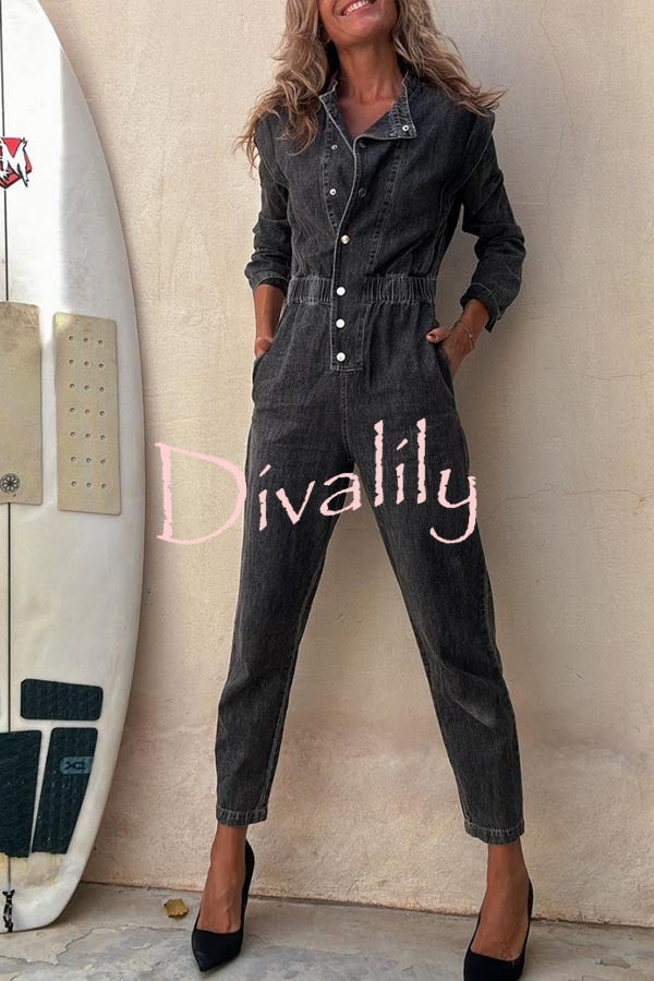 Carey Denim Button Up Long Sleeve Elastic Waist Pocketed Loose Jumpsuit