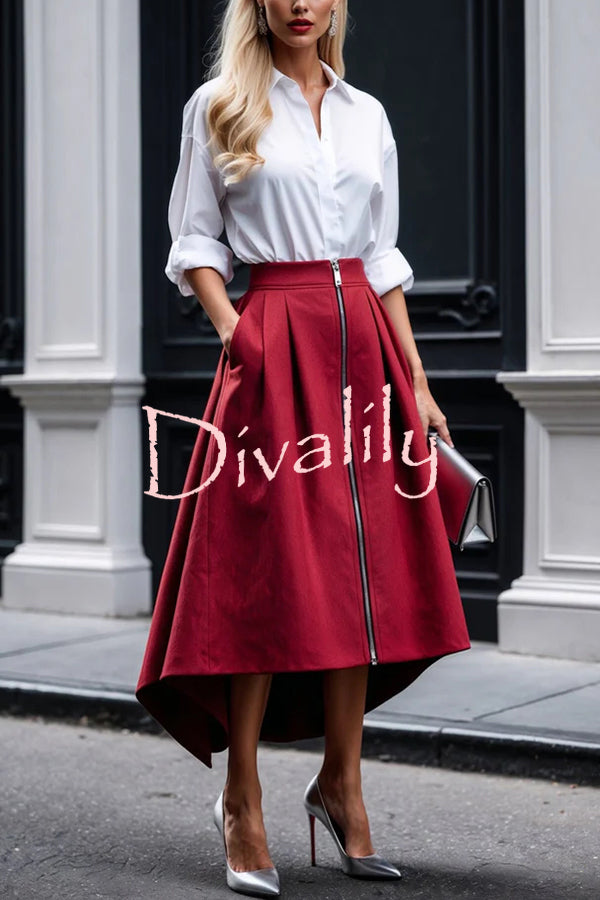 Effortless Charm Front Zipper Detail Pocketed High Low Pleated Midi Skirt