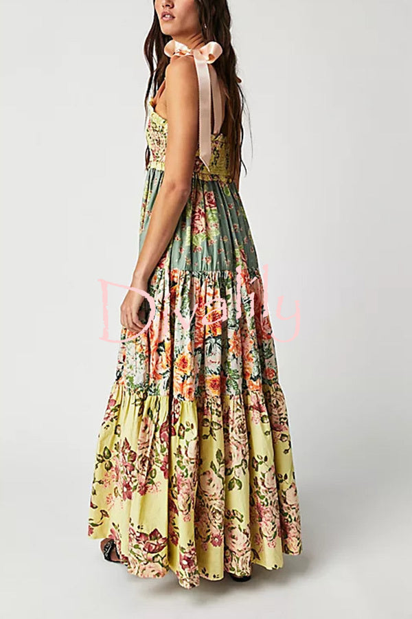 Floral Print Strappy Pleated Paneled Maxi Dress