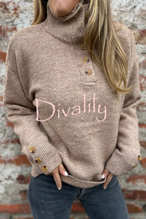 Solid Color High Collar Button Loose Long Sleeve Knitted Sweater