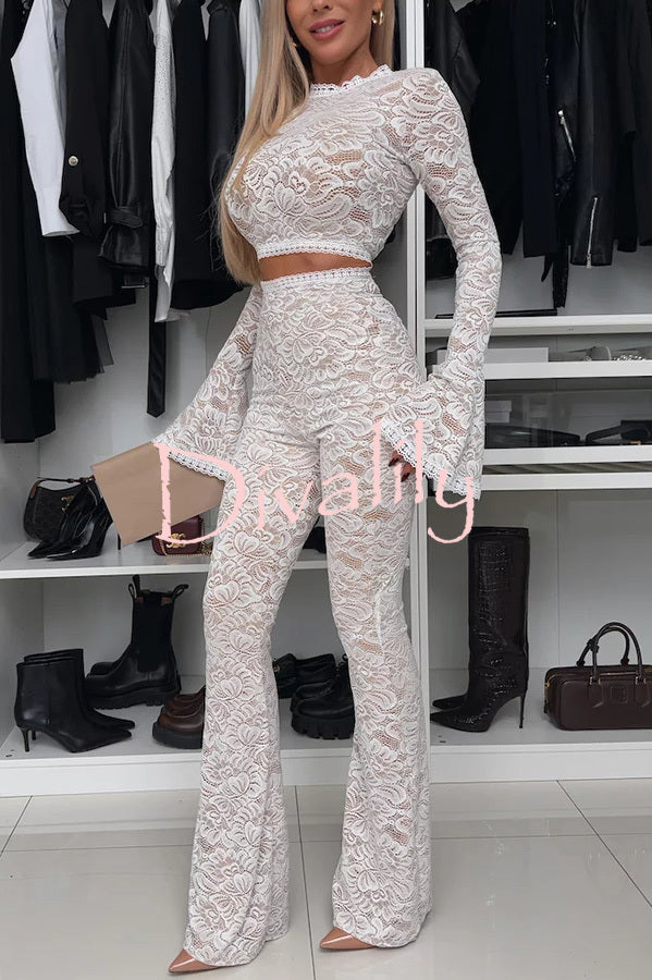 Sexy Charming Lace Bell Sleeve Crop Stretch Top and High Waist Stretch Flared Pants