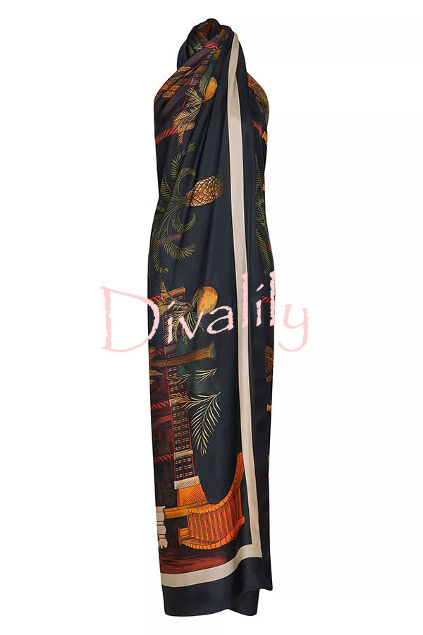 Jungle Elf Unique Print Halter Slit Midi Tank and Elastic Waist Wide Pants Set