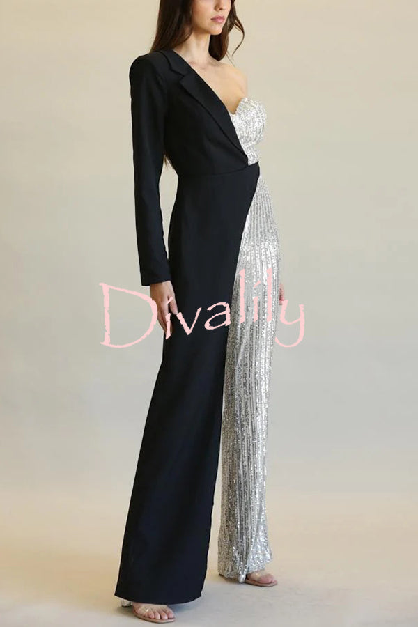 Fashionable Sequined Patchwork One-sided Long-sleeved Asymmetrical Jumpsuit