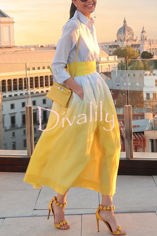 Fashionable Gradient Lapel Long Sleeve Waist Tie Casual Midi Dress