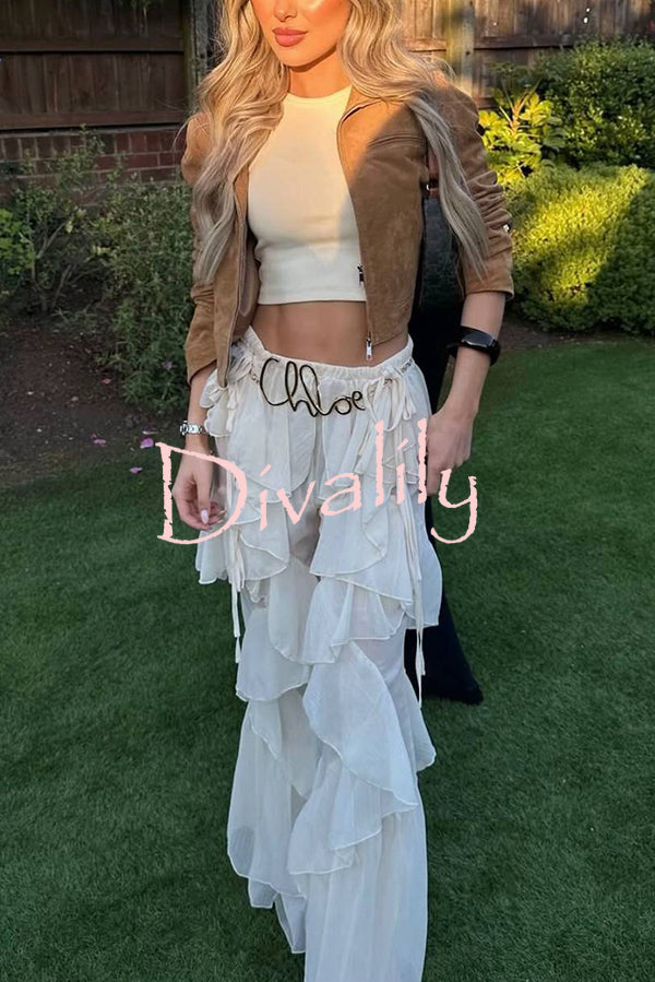 Fashionable Ruffled Elastic Waist Holiday Style Flared Pants