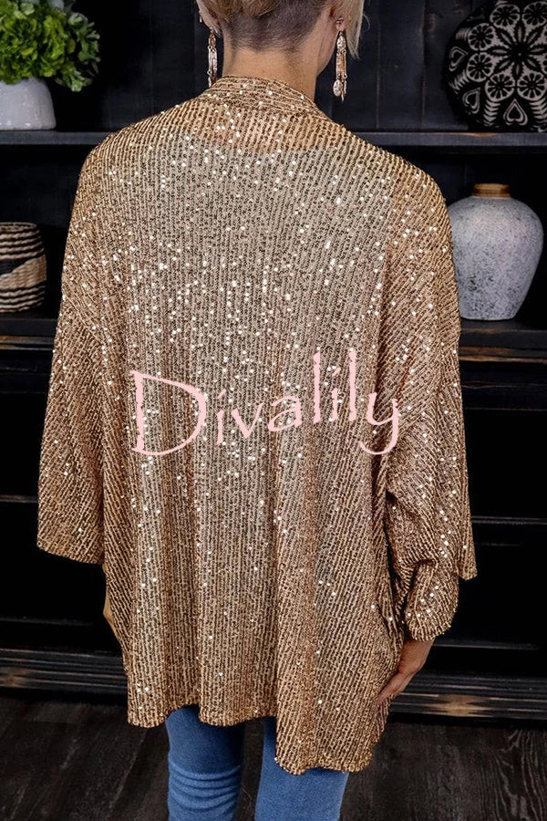 Beautiful Sequined Solid Color Long Sleeve Coat