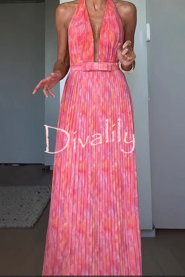 Unique Print Sexy Halter Neck Tie Pleated Vacation Maxi Dress