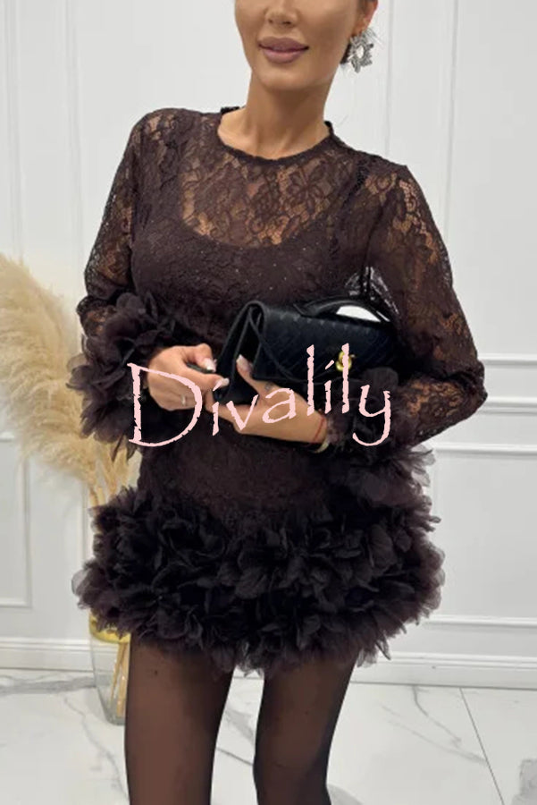 Alyssa Lace Fabric Tulle Layered Petals Trim Long Sleeve Mini Dress