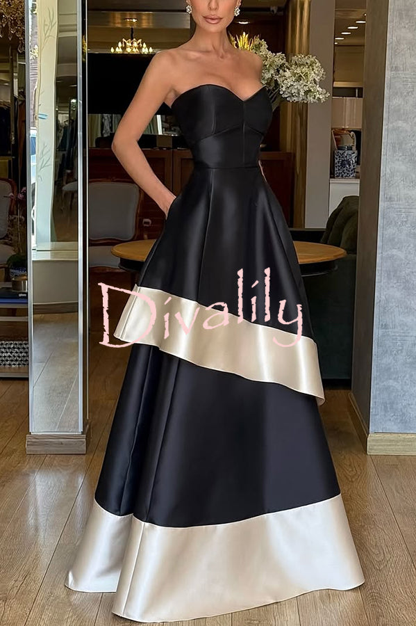 Vivian Satin Contrast Color Sweetheart Bandeau Neck Pocket Layered Maxi Dress