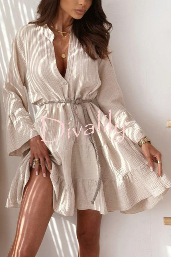 Linen Blend Solid V-Neck Bell Sleeve Casual Mini Dress