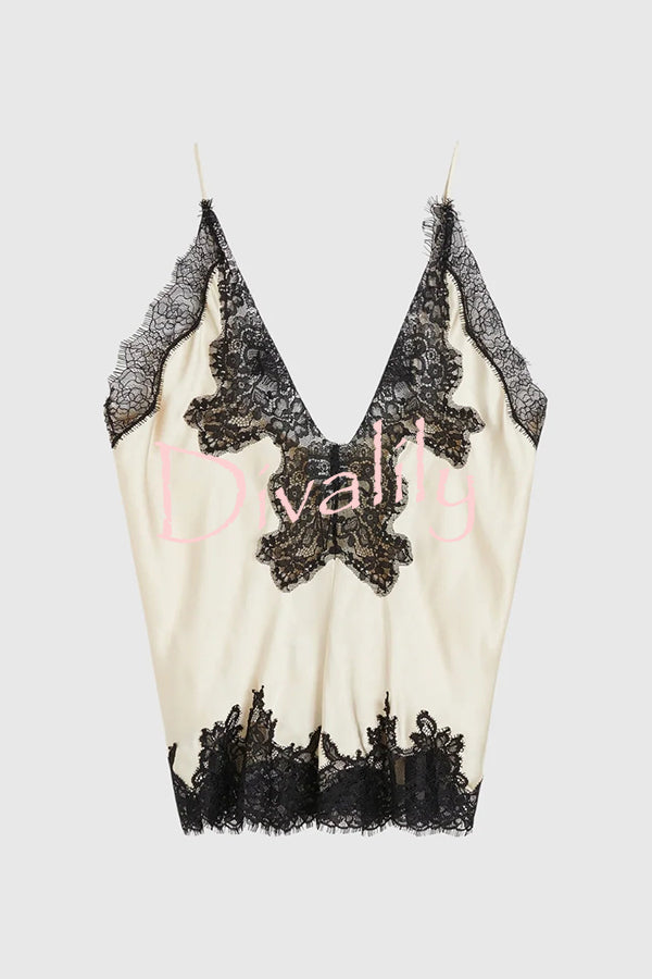 Party Focus Contrast Color Satin Lace Trim V-Neck Slip Tank