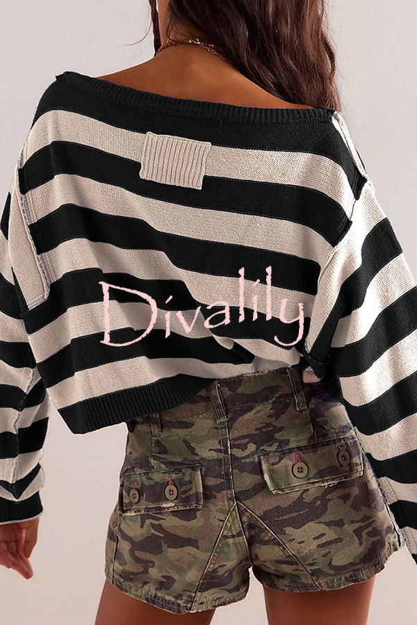 Striped Print Crew Neck Long Sleeve Loose Knitted Sweater