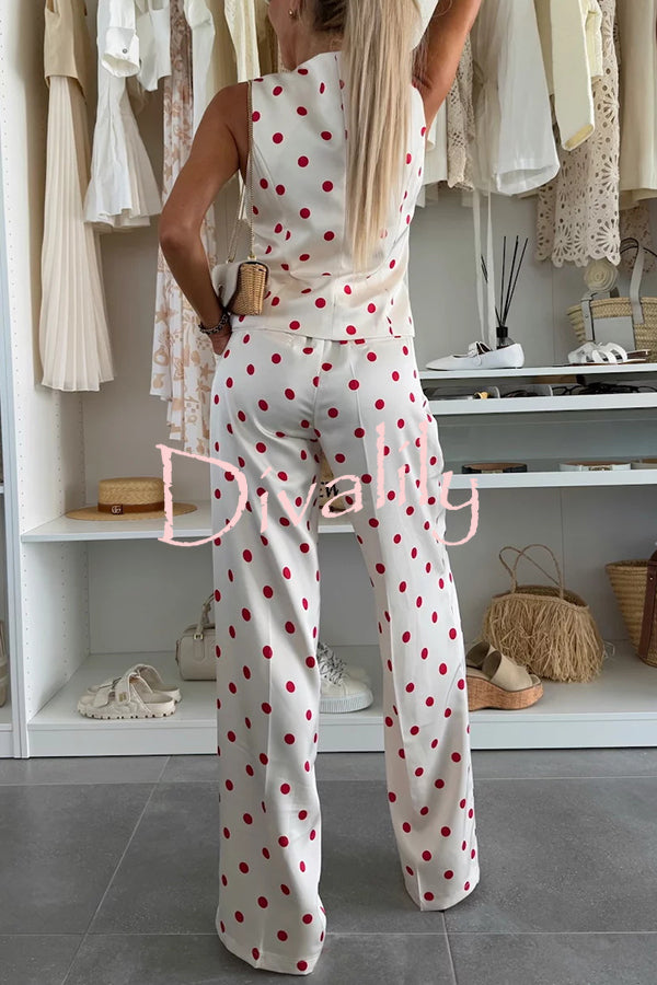 Koreen Polka Dot Round Neck Button Vest and High Rise Pocket Straight Pants Set