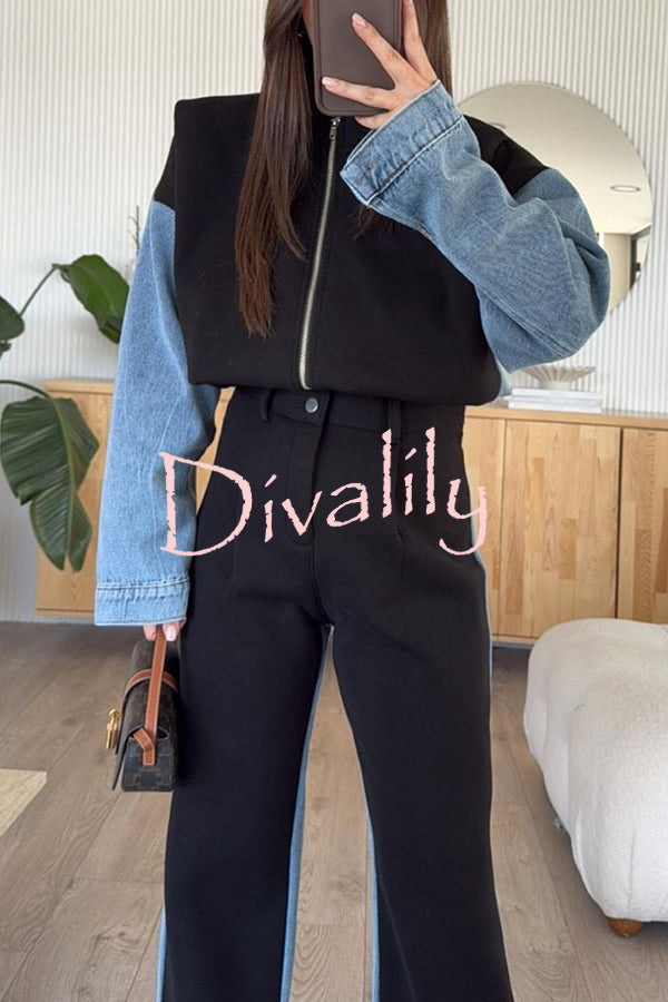 Sports Fashion Denim Patchwork Sweatshirt Fabric Zipper Long Sleeve Loose Jacket