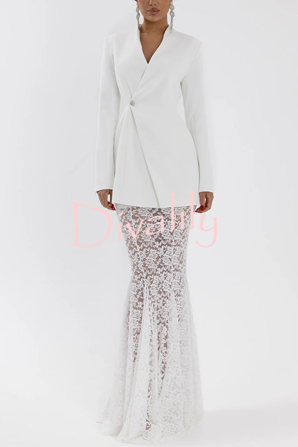 Poetic Muse Stand V-neck Rhinestone Button Up Long Sleeve Blazer