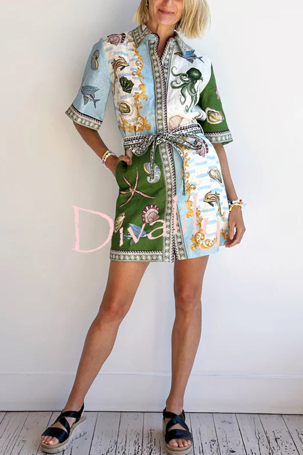 Deep Sea Dreaming Linen Blend Unique Print Tie-up Pocketed Shirt Mini Dress