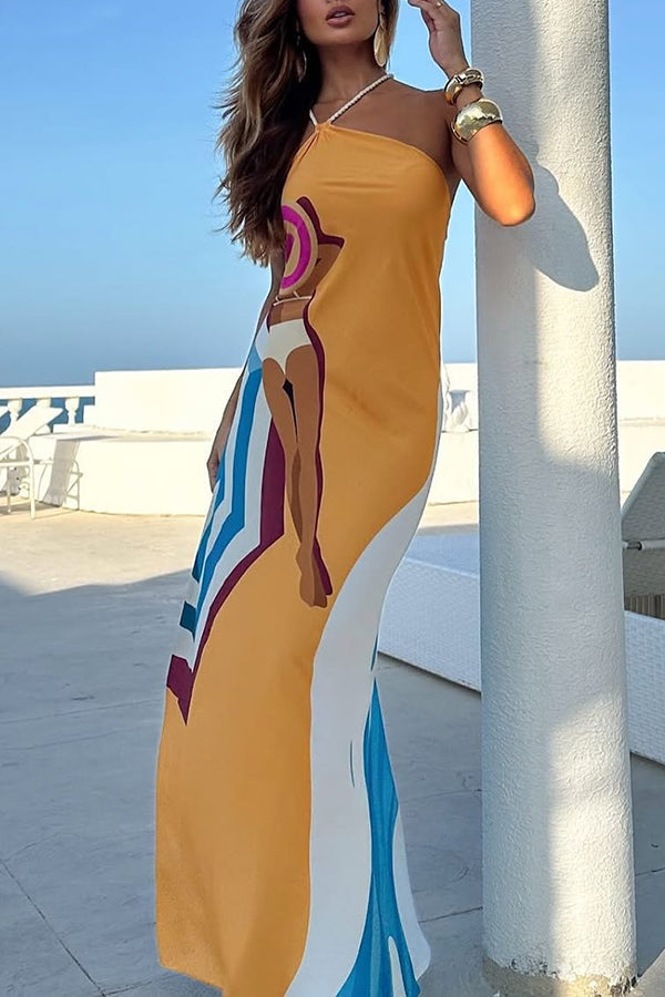 Sun and Sea Unique Print Side Button Rope Halter A-line Maxi Dress