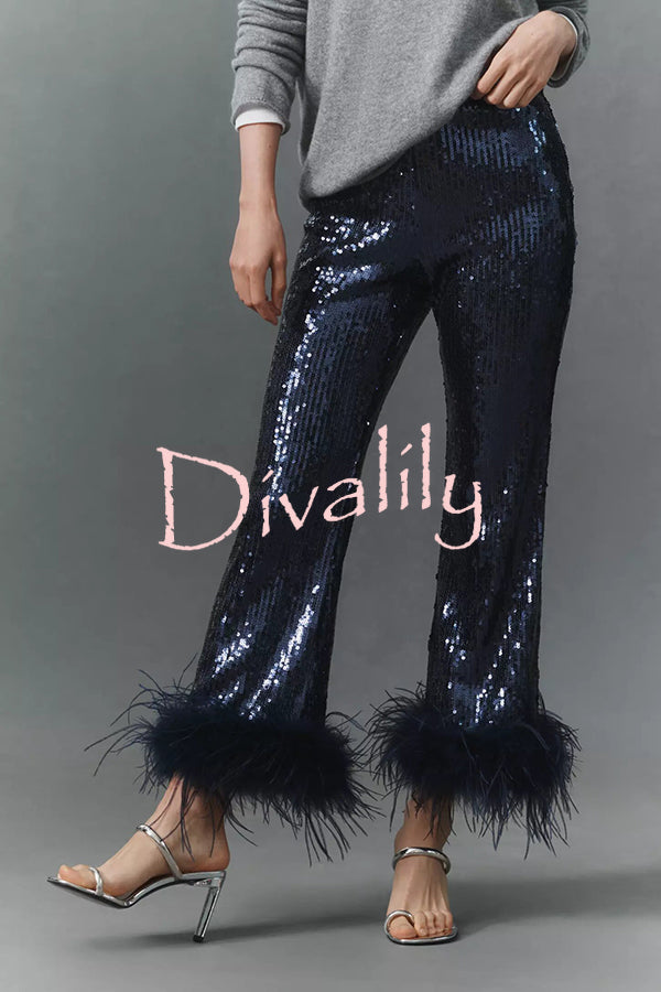 New Year Eve Sequin Feather Trim High Rise Back Zipper Flare Pants