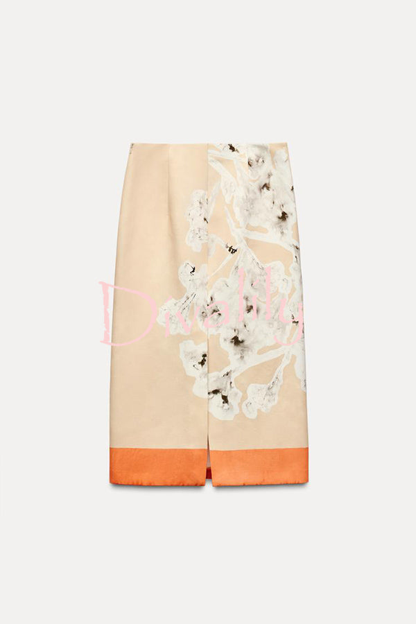 Avani Linen Blend Flower Print High Rise Pencil Slit Midi Skirt