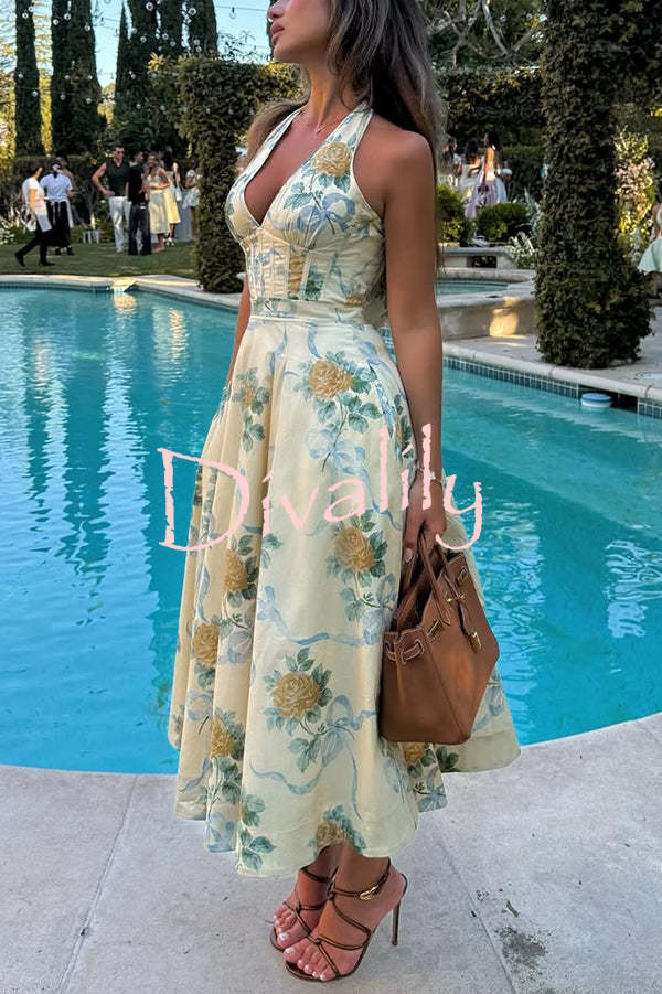 Resort Star Floral Print Waist Halterneck Tie Pocket Midi Dress