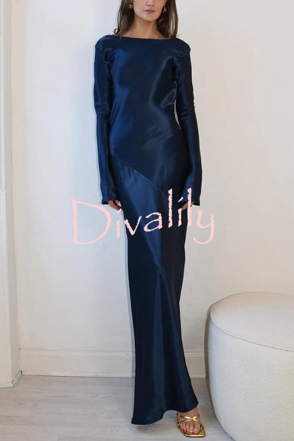 Satin Elegant Long-sleeved Open-back Slim-fit Slit Maxi Dress