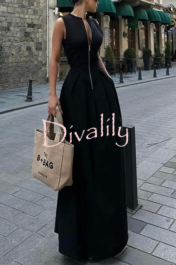 Stylish Sleeveless Zippered V-neck Slim Fit Maxi Dress