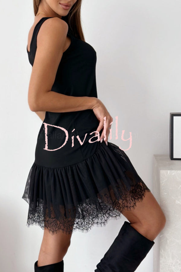 Breezy City Tulle Lace Tiered Hem Stretch Tank Mini Dress