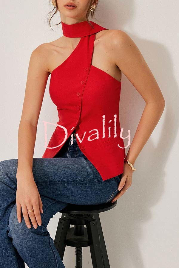 Rima Linen Blend Asymmetric Halter Neck Button Smocked Vest