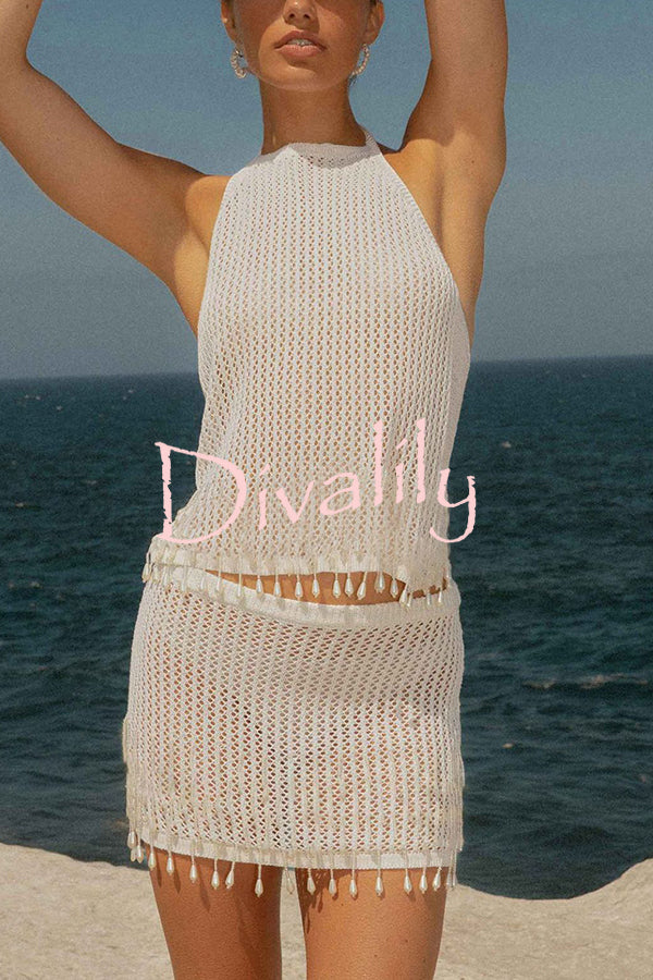 Fashion Knit Hollow Back Top and Embellished Fitted Stretch Beach Mini Skirt Set