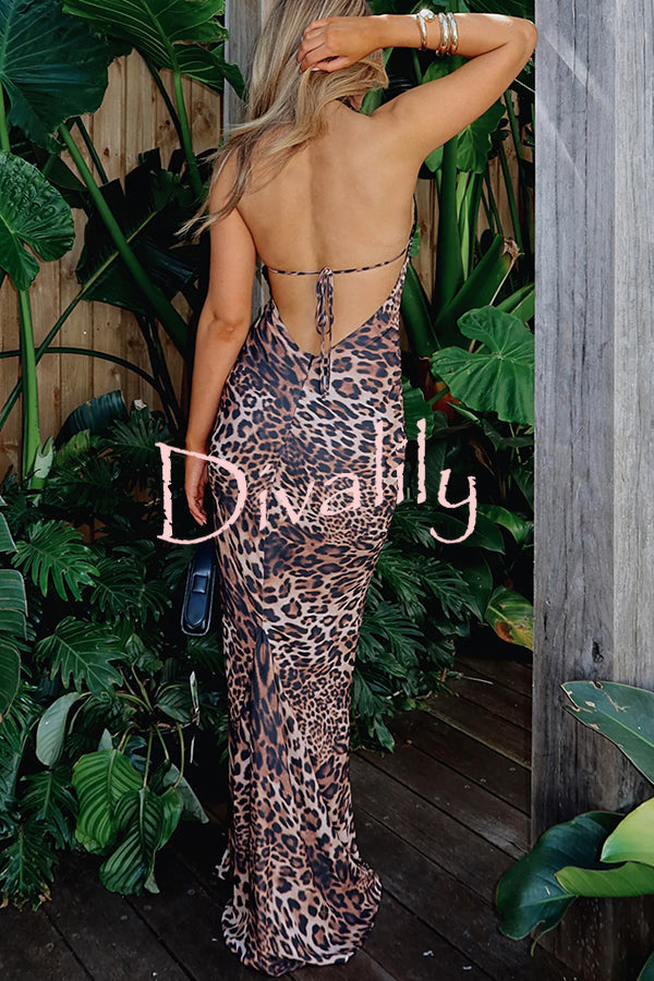 Fashion Printed Halter Neck Backless Lace-Up Sexy Slim Maxi Dress