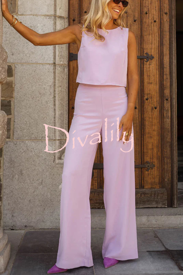 Modern and Elegant Solid Crop Tank and High Rise Flare Loose Pants Set