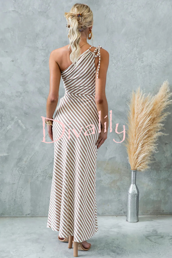Stylish Striped Print One Shoulder Slope-neck Maxi Dress