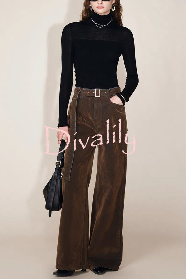 Taylor Denim Mid Rise Detachable Belt Flocked Pocket Wide Leg Jeans