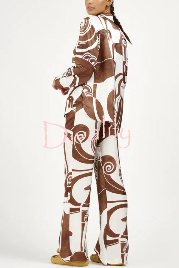 Oceanfront Views Unique Print Long Sleeve Loose Shirt and Elastic Waist Pocketed Pants Set