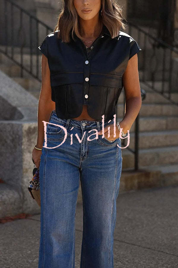 Fashion Faux Leather Pocket Sleeveless Cropped Jacket
