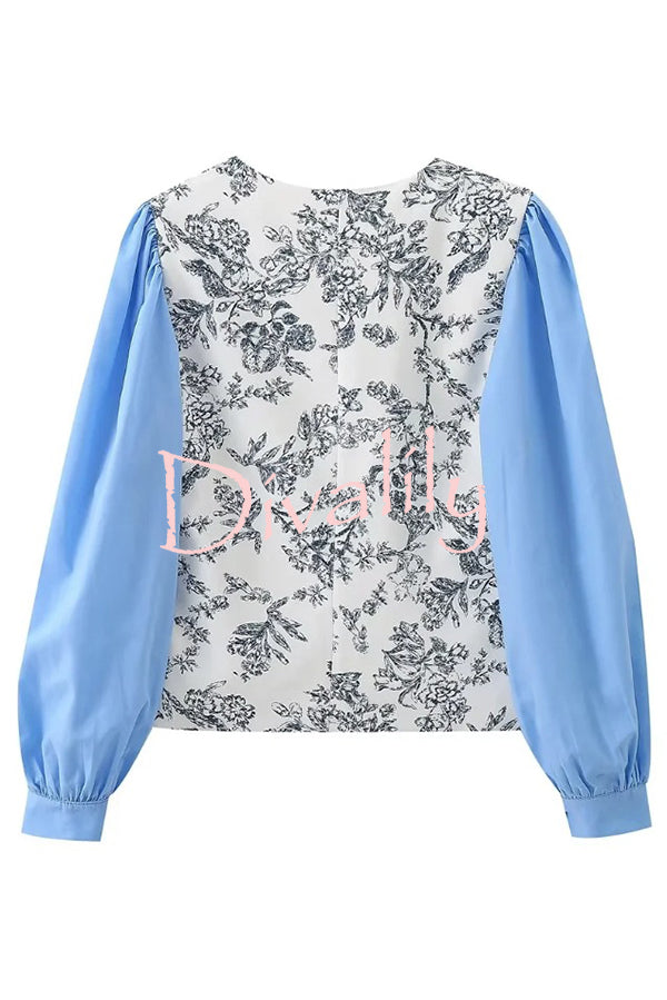 Botanical Print V-neck Patchwork Long-sleeved Top