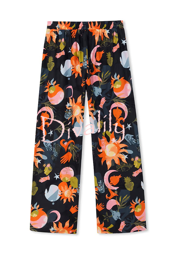 Evening Routine Unique Print Color-block Trim Loose Shirt and Elastic Waist Pocketed Pajama Set