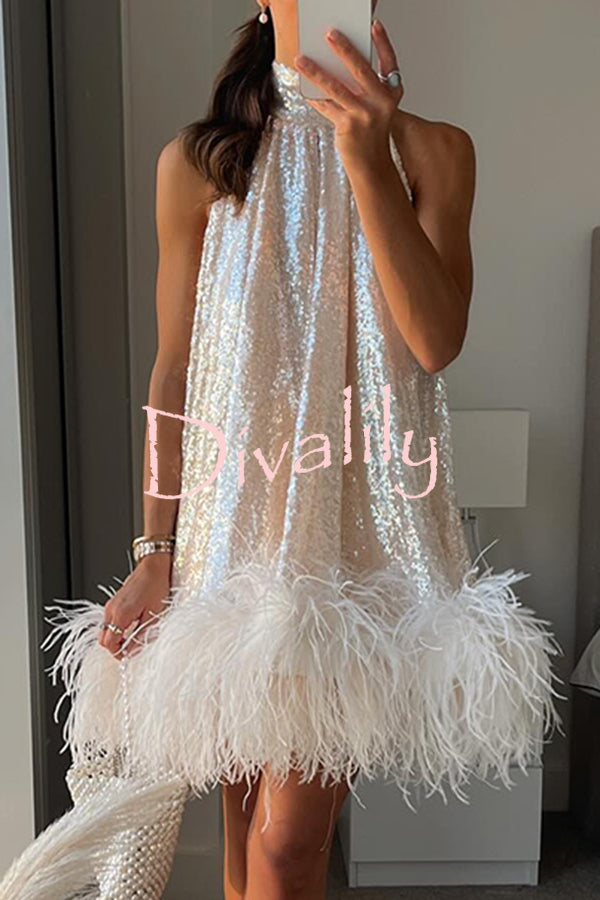 Dancefloor Elf Sequin Feather Trim High Neck A-line Mini Dress