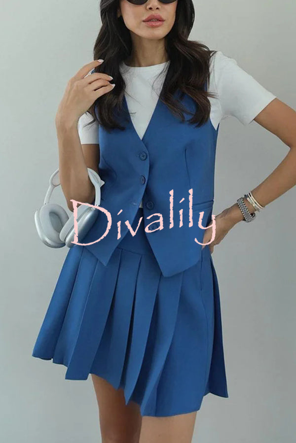 Solid Color Sleeveless Buttoned Vest and High-waisted Pleated Mini Skirt Set