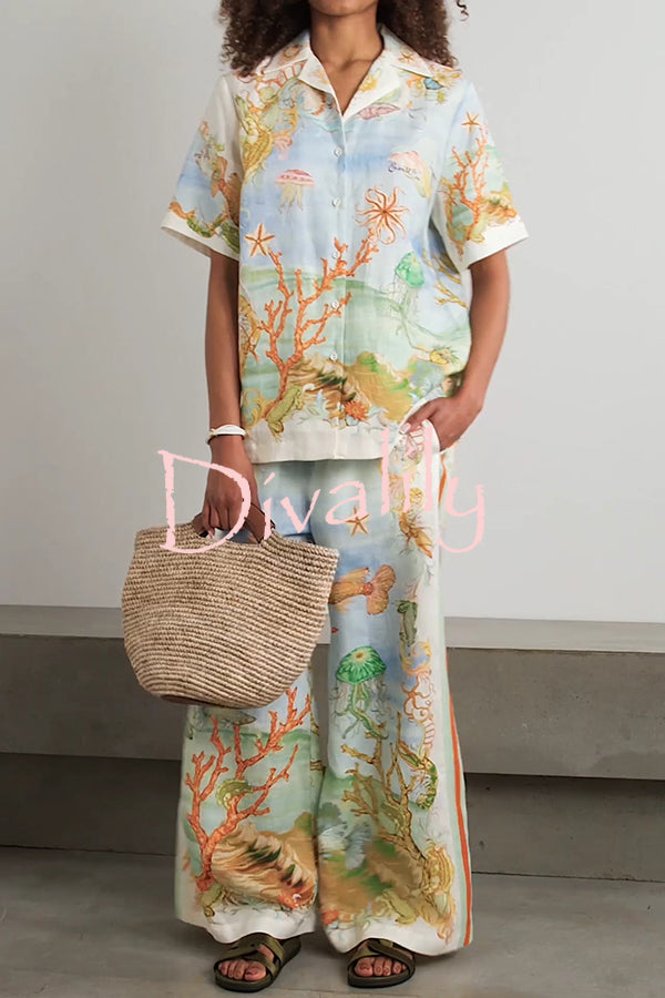Unique Printed Lapel Short Sleeve Loose Shirt and Elastic Waist Casual Pocket Vacation Pants Set