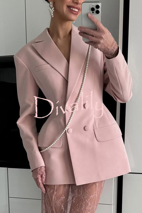 Solid Color Lapel Long Sleeve Waist Double-breasted Blazer