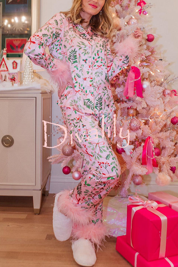 Iconic Holiday Printed Feather Trim Elastic Waist Pocketed Pajama Set